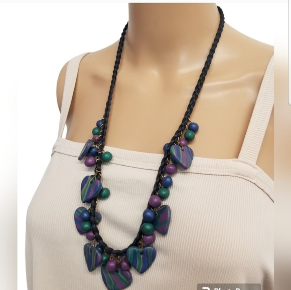VINTAGE CLAY HEART PENDANTS & BEADS CORD STYLE NECKLACE - Picture 2 of 6